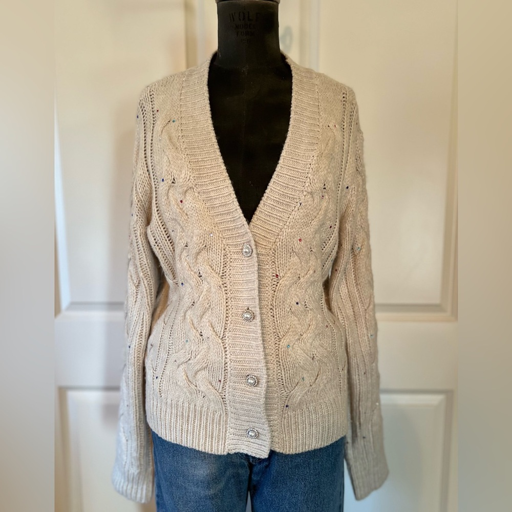 St. John’s Bay Cable Knit Rhinestone Cardigan Oatmeal V-Neck Size L